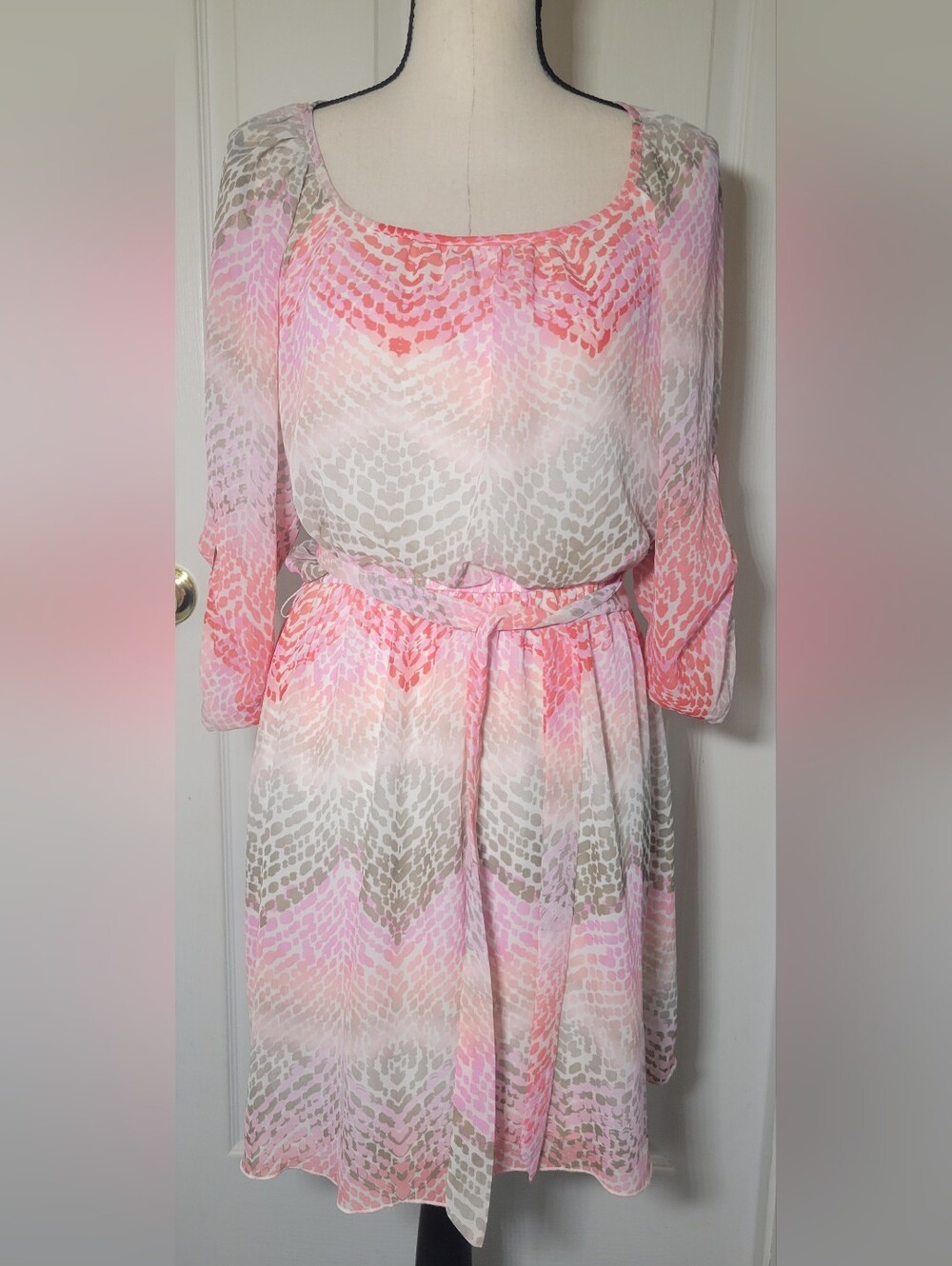 Speechless Women’s Dress M Pink Gray Animal Print Belted 3/4 Sleeve Lined Mini